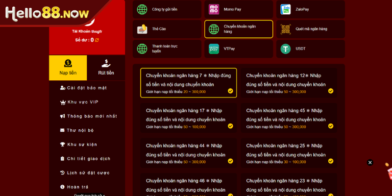 Hướng dẫn cách nạp tiền HELLO88